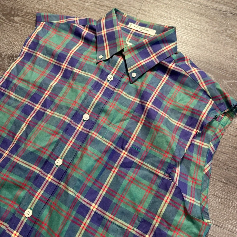 Vintage Orvis Shirt Mens M Plaid 100% Cotton Cut Off Sleeve Oxford Heritage